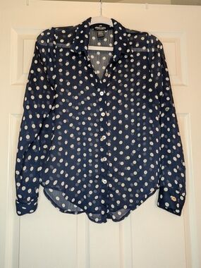 About A Girl Navy Blue Polka Dot Sheer Button Down M